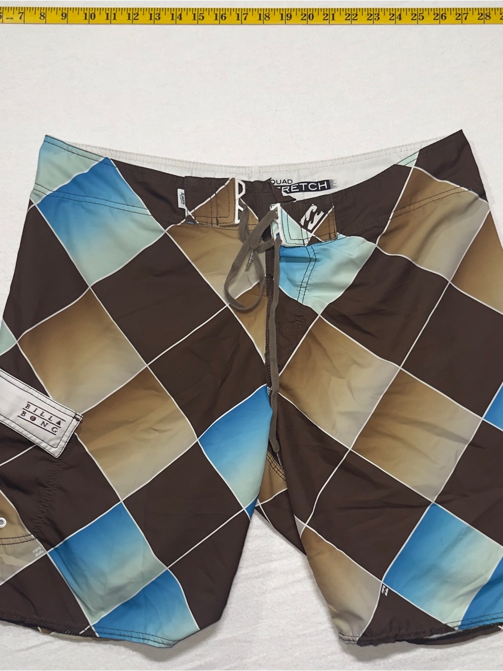 Y2K Billabong Men’s Brown & Blue Diamond-Pattern Board Shorts